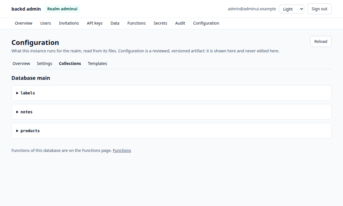 A collection in the configuration view: its schema, indexes, rules and policy, each with its source file