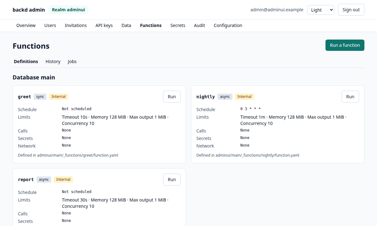 The function definitions of a database, with a button to run each by hand