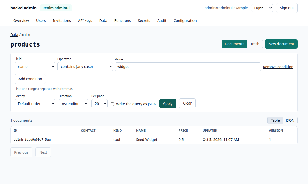 The data browser with the query builder: a condition on the name, and the matching documents