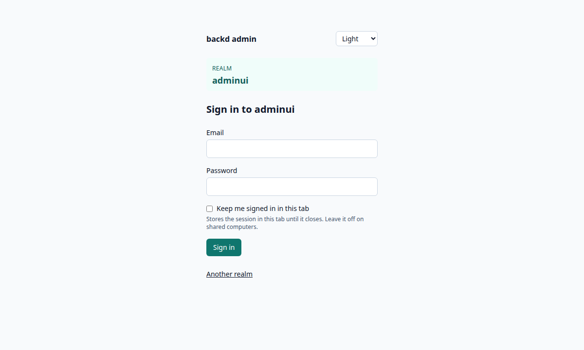 The sign-in page: the realm is always shown, with the email, password and the opt-in to keep the session in this tab