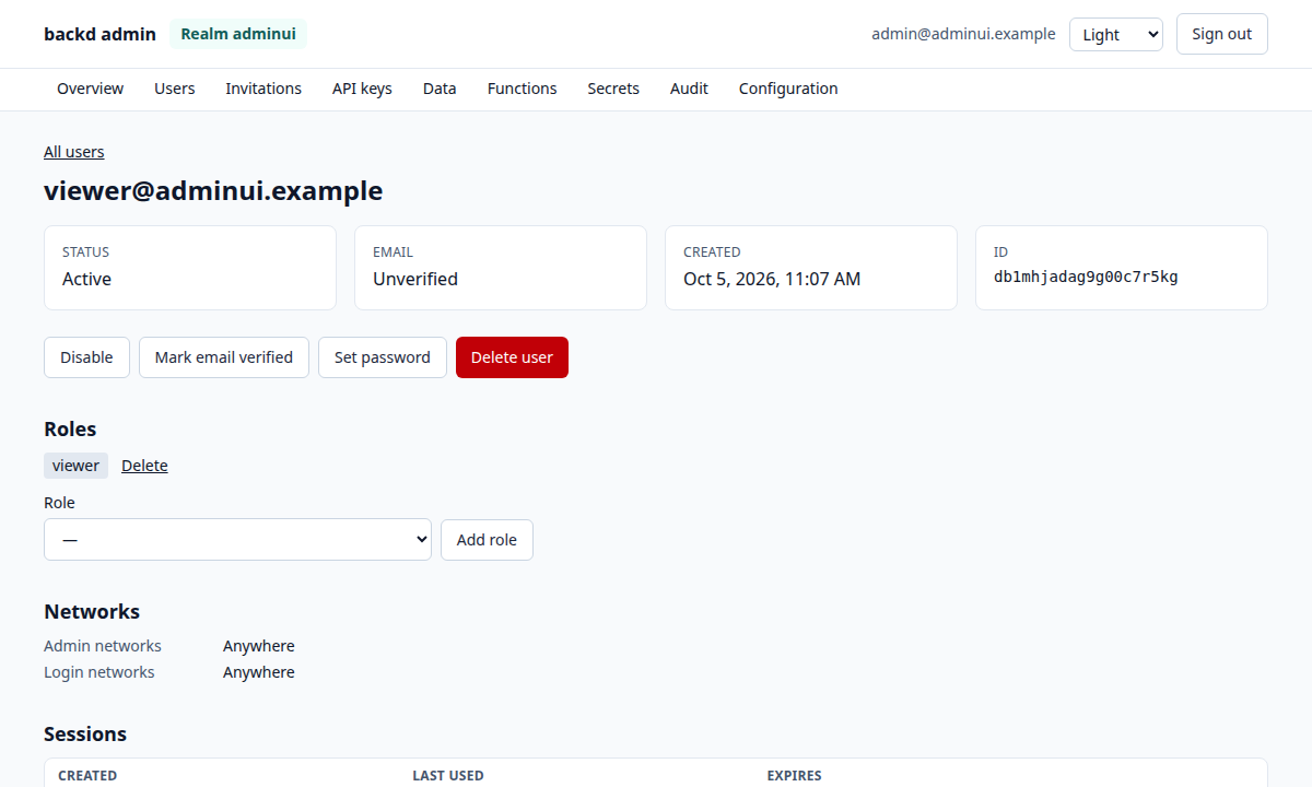 A user: status, roles with the only-in-the-database warning, networks and sessions